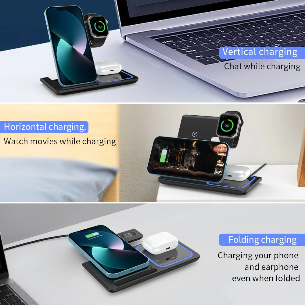 30W LED Fast Wireless Charger Stand 3 in 1 Foldable Charging Station For iPhone 15 14 13 12 11 Apple Watch 9 8 7 6 5 Airpods Pro