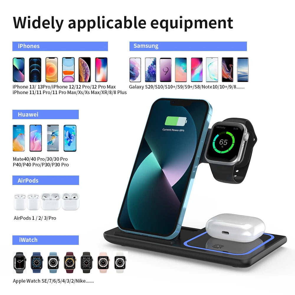 30W LED Fast Wireless Charger Stand 3 in 1 Foldable Charging Station For iPhone 15 14 13 12 11 Apple Watch 9 8 7 6 5 Airpods Pro